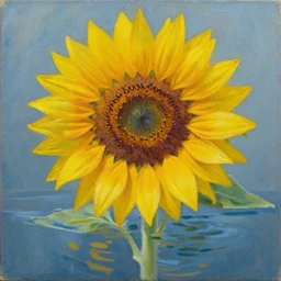 a sunflower in water by peter elson, oil on canvas