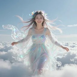 A realistic centered portrait of a beautiful smiling ethereal asian sylph, ethereal vaporous tan skin, azure iridescent eyes, ethereal iridescent locks of hairs flying in the breeze and adorned with rainbow feathers, iridescent ethereal veils, flying high in the clouds:5| sunny weather, sss, translucency, long exposure, hologram, trending on artstation, soft natural lighting and shadows, VFX, CG:2 expressionless, neutral, deformed, jpeg artifacts, illustration, anime portrait