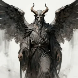 a stoic chaos monk with horns and wings in the style of victor adame minguez