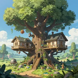 an intricate concept art, illustration, fantasy micro - world inside a tree house, no people, large mechanical biomes, ultra photorealistic, ultra sharp, pinterest, artstation, cgsociety, pinterest, digital art, anime colors, style by wlop, hyperrealistic, octane render, 8 k