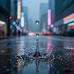 a raindrop creating a splash in a puddle which is surrounded by the neon light of a big city, ultrarealistic hd 8k
