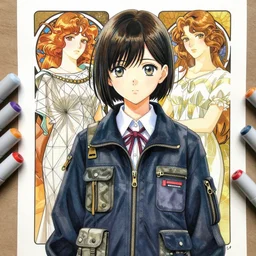 a copic maker realistic manga portrait by yoshiyuki sadamoto and lois van baarle and alphonse mucha of an anime girl highly detailed eyes wearing a school uniform lots of zippers, pockets, synthetic materials, by issey miyake and balenciaga 8 k