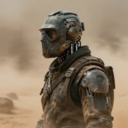 a half - masked rugged engineer man with cybernetic enhancements lost in a sandstorm, scifi character portrait by greg rutkowski, esuthio, craig mullins, 1 / 4 headshot, cinematic lighting, dystopian scifi gear, gloomy, profile picture, mechanical, half robot, implants, steampunk
