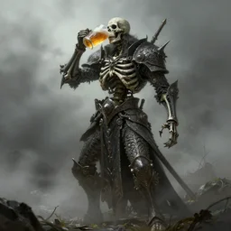 scary skeleton lord drinks beer, beer, glass, beer mug in hand, intricate, triumphantly, foggy background, full body art, dark souls, drawing, concept art, artstation, digital painting