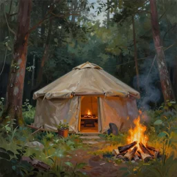 a beautiful painting of a round sweat lodge hut in a forest near a campfire, matte painting, trending on artstation, art by christophe vacher