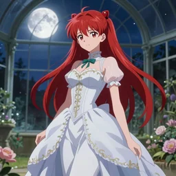 asuka langley, long red hair, elegant, anime, fantasy, divine, highly detailed, princess, greenhouse, moonlight, artstation, magical, lovely, pure beauty, intricate, 4 k, art by studio bind and kyoto animation and wit studio and hyeyoung kim