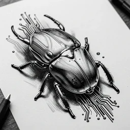 hyperdetailed cyberpunk circuit beetle, black and white tattoo design, stencil, vector, by artgerm