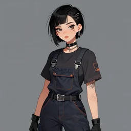 an androgynous punk girl with short hair who is a mechanic wearing overalls, grey background, illustration, character concept design, trending on artstation