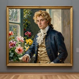 museum painting, wide - shot, photo of very handsome young yves saint - laurent in the age of 1 7, golden hair, dressed in 1 8 th century clothes, laces, by the window, flowers everywhere, sharp focus, highly detailed, digital art, oil painting, masterpiece, artgerm, rutkowski, mucha, kinkade