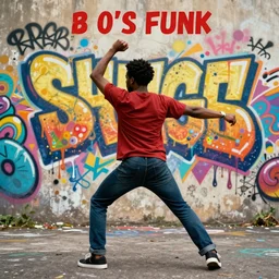 album cover of a man from behind in dance pose in front of a wall, colourful shuggar raffiti, 8 0's funk