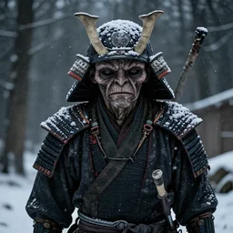 samurai with gollum face, winter, snow, depressed, dark
