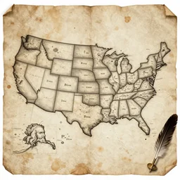 Highly detailed hand-drawn map of the continental US on old parchment paper, crowquill pen, battered, coffee stains, draftsmanship, by Durer, by Brom, by Bierstadt,