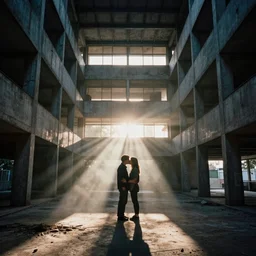 realistic interior of a brutalist architecture building, two people kissing in the middle, Godrays at sunset, hard shadows, volumetric fog, Hyper realistic film photography, Zeiss 24mm f2.8, Hasselblad, insanely detailed, sharp focus