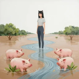 painting of flood waters, a tall catgirl art student, a river flooding inside, art supplies, pigs, plants in a glass vase, water, river, rapids, waterfall, canoe, pomegranate, berries dripping, swans, acrylic on canvas, surrealist, by magritte and monet