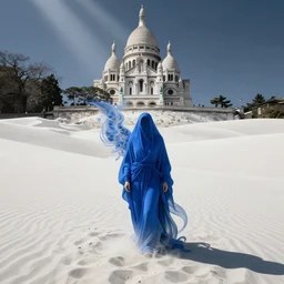 one lone singular swirling otherworldly angelic figure shrouded in blue robes emerges from extensive barren white dunescape, matte painting by peter mohrbacher and filip hodas, background basilica! sacre coeur, godrays, high contrast, highly detailed