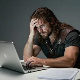 conan the barbarian sitting at a desk, laptop trouble, technical difficulties, stock image
