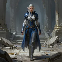 full body character portrait of a female elf from dragon age walking through a destroyed temple wearing inquisitors garb, dragon age concept art, dragon age, blue and grey color scheme, illustration, digital painting, realistic lighting, with a realistically proportioned face, photorealistic eyes, good value control, realistic shading