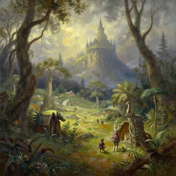 beautiful detailed dramatic fantasy painting of an alternate wild world in another reality, thomas kinkade