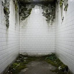 an endless liminal space with lichen and moss on the walls, moody, gloomy, white subway tile, ultrarealistic, 4k