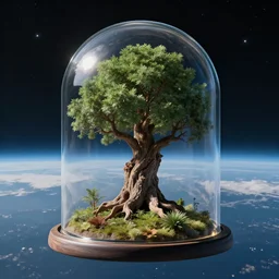 a very old tree tree inside a glass dome, floating in space