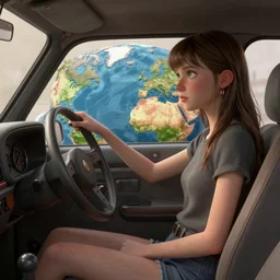 the world inside a car, lisa ann, lowbrow, matte painting, 3 - d highly detailed, in the style of mark ryden,