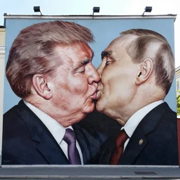 trump and putin kissing in a mural in moscow