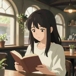 anime visual portrait of a cute girl reading, pretty face, cafe interior with arched windows, natural sunlight, hanging plants, cinematic, lofi, film still from anime by studio ghibli, yoshitoshi abe, makoto shinkai, crisp, cel shaded, art nouveau