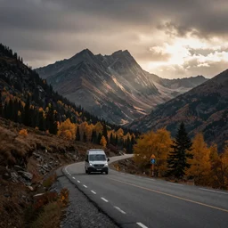 landscape photography by jake guzmann, a road in the mountains, a van, autumn, dramatic lighting, beautiful