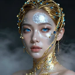 portrait of a beautiful futuristic woman layered with high-tech jewelry wrapping around her face and head, blue eyes, golden-silver glow of moonlight with tiny blue, gold, and red gems scattered like dust, mist, fog