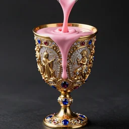 a stream of delicious thick pink sauce pouring into an exquisitely detailed beautiful goblet covered in gold filigree carvings of mystical scenes, glimmering diamonds, sapphires and rubies, lapis lazuli inlay, precious artifact, hyperrealistic, 8K HD octane render, fantasy concept art, cinematic lighting, popular on artstation
