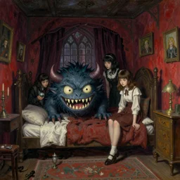 realistic detailed image of a old soviet girlish room with a little monster  hiding!!! and lurking under the bed in the shadows!!! by  Ayami Kojima, Amano, Karol Bak, Greg Hildebrandt, and Mark Brooks, Neo-Gothic, gothic, rich deep colors. Beksinski painting, part by Adrian Ghenie and Gerhard Richter. art by Takato Yamamoto. masterpiece