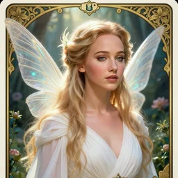 2 8 mm macro headshot of a ethereal magical young winged fairy princess jennifer lawrence wearing a white robe in a fantasy garden, d & d, fantasy, intricate, rim light, god rays, volumetric lighting, dark souls, elegant, highly detailed, digital painting, artstation, concept art, smooth, sharp focus, illustration, orthodoxy, art by greg rutkowski, maxfield parrish and alphonse mucha, new art nouveau, tarot card