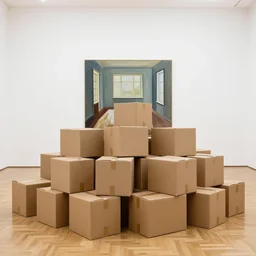 a giant pile of cardboard boxes in a white gallery room with a parquet floor, the room has a single painting by anthony copely, behind the giant pile of cardboard boxes, interior photograph