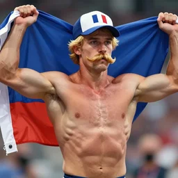 portrait of a french crossfiter upper part of the body winning the crossfitgames, he carries a french flag cap and got blond hairs and a a mustache, powerful, musculated, he got a big french musctache, by aenaluck, artgerm and roberto ferri and greg rutkowski, digital painting, artstation, concept art, smooth, sharp foccus ilustration