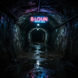 dimly lit partially flooded subway tunnel, eerie, creepy, dark, limonal, surreal, neon sign,