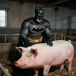 color film still, batman tending to large pigs in a piggery. ; babe ( 1 9 9 5 )