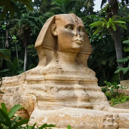 Realistic photo of the Sphinx statue in a lush jungle. 4K.
