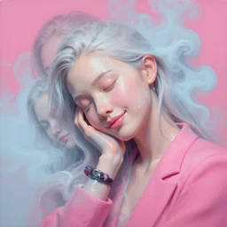 3 d, close - up, liquid white oil, sleepy smiling fashion model, light blue fog, smoke, poster art, high detail, intricate oil painting, multiple exposure, deep pink color palette, hyperrealism, 3 d, by tooth wu and wlop and beeple and greg rutkowski