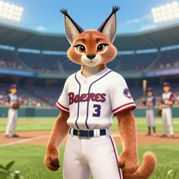 beautiful portrait of a female anthropomorphic caracal fursona wearing a baseball uniform. baseball stadium background. character design by disney, charlie bowater, ross tran, artgerm, and makoto shinkai, detailed, soft lighting, rendered in octane