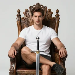 modern self portrait of man sitting on throne, legs crossed, while holding a sword, white man, hispanic, brown hair, light skin, golden throne, red robes, 8 k, hi - rez, circles, lamented, clear, brown eyes, colored, sharp, pencil art, illustrated by lee friedlander