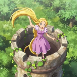 rapunzel letting down her hair from on top the tower, anime style, garden, vines, vertical shot