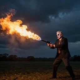 photo of Jerome Powell with whiteface clown makeup using a flamethrower projecting a long flame