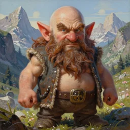 a highly detailed symmetrical airbrush painting of a bald male dwarf with long brown beard in a mountainous landscape, morning, dynamic lighting, ambient lighting, deviantart, art by artgerm, frank frazetta and glenn fabry