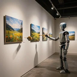 abandoned art gallery, robots with articulated metal hands hold paintbrushes against photos of landscapes hung on the walls, dramatic lighting, 4 k