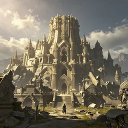 the elder scrolls vi, outside of dwemer ruin in the mountain, atmospheric lighting, painted, intricate, volumetric lighting, beautiful, daytime, sunny weather, slight overcast, golden hour, sharp focus, deep colours, ultra detailed, by leesha hannigan, ross tran, thierry doizon, kai carpenter, ignacio fernandez rios