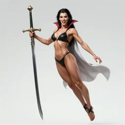 female vampire warrior holding a monstrous zweihander, full portrait, sharp teeth, smiling, muscular, flying, barefoot, foot wraps, exposed toes, black heavy armor, realistic armor, metal mask, in the style of ghostblade, wlop, modern fantasy, regular proportions.
