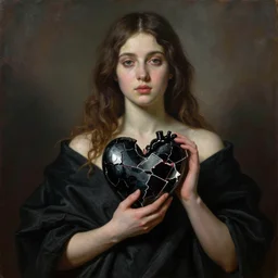 Realistic painting of beautiful woman which holds black heart in her hands, broken into pieces face like mirror, black cloth, the long shot, dramatic lighting, high-detailed oil painting by Ilya Repin, William Blake, Michelangelo da Caravaggio and Beksinski, masterpiece, 4k