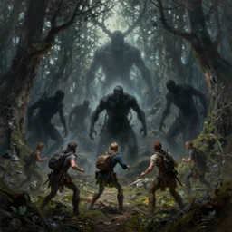 a party of adventurers being attacked by six living shadows in a magical forest, oil painting, greg rutkowski