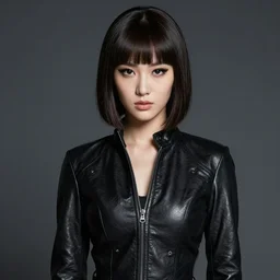 youthful female blade runner demure, perfect mascara, exquisite features, feminine cut, frontiers in flight leather jumpsuit,