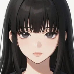 girl with black hair, long bangs covering both of her eyes, anime style